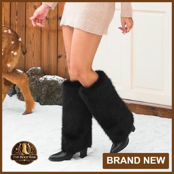 3.3-Inch Chunky Heel Knee High Faux Fur Boots Wide Calf Side Zipper - Picture 5 of 8
